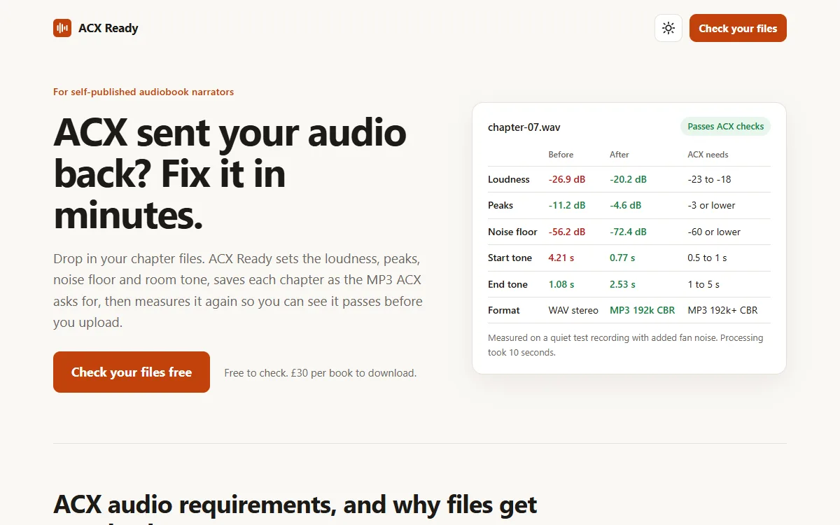 ACX Ready showing a chapter's audio fixed to pass ACX